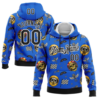 Custom Stitched Blue Black-White 3D Pattern Design Motorcycle Motocross Helmet Skull Racing Sports Pullover Sweatshirt Hoodie