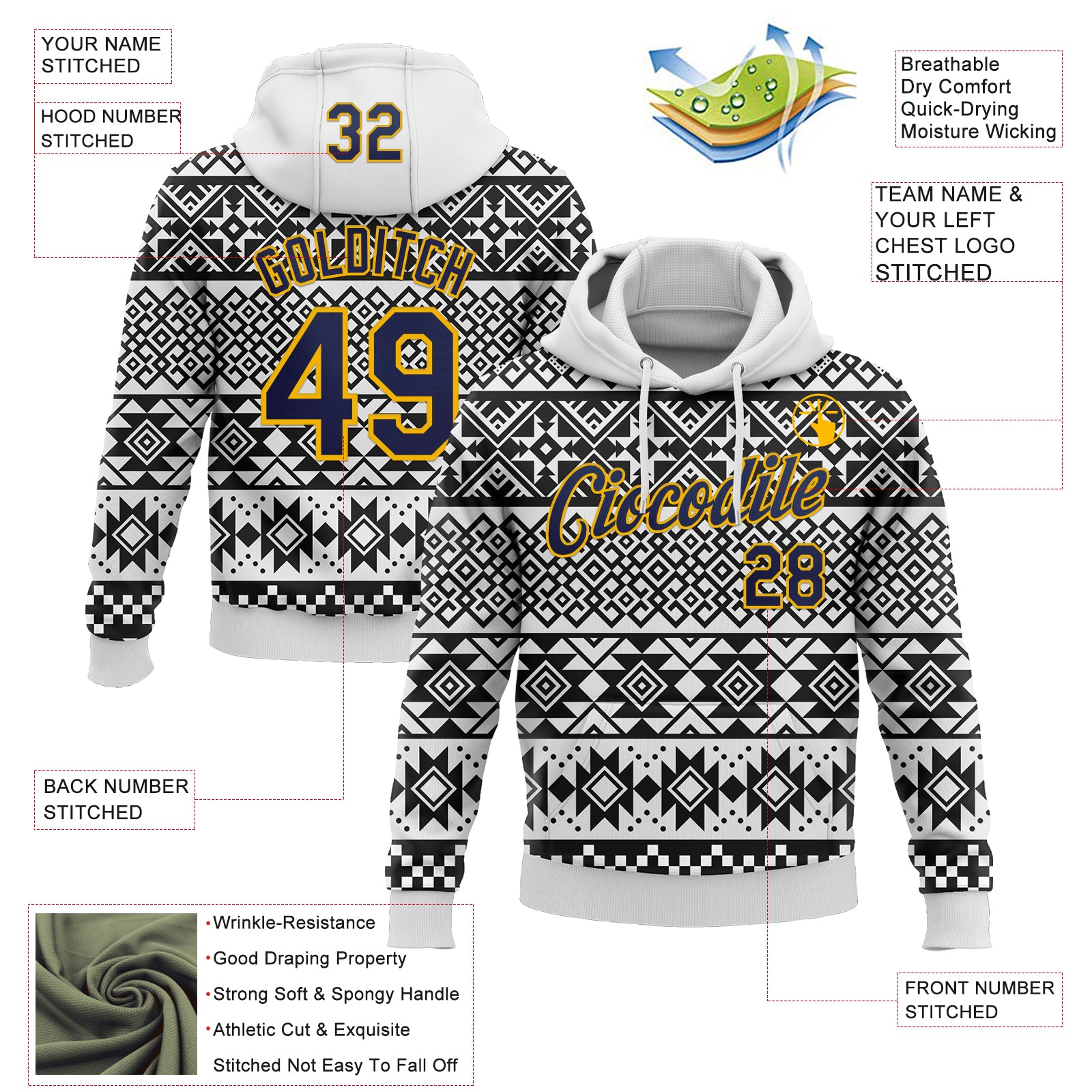 Custom Stitched White Navy-Gold 3D Pattern Design Tribal Ethnic Native American Sports Pullover Sweatshirt Hoodie