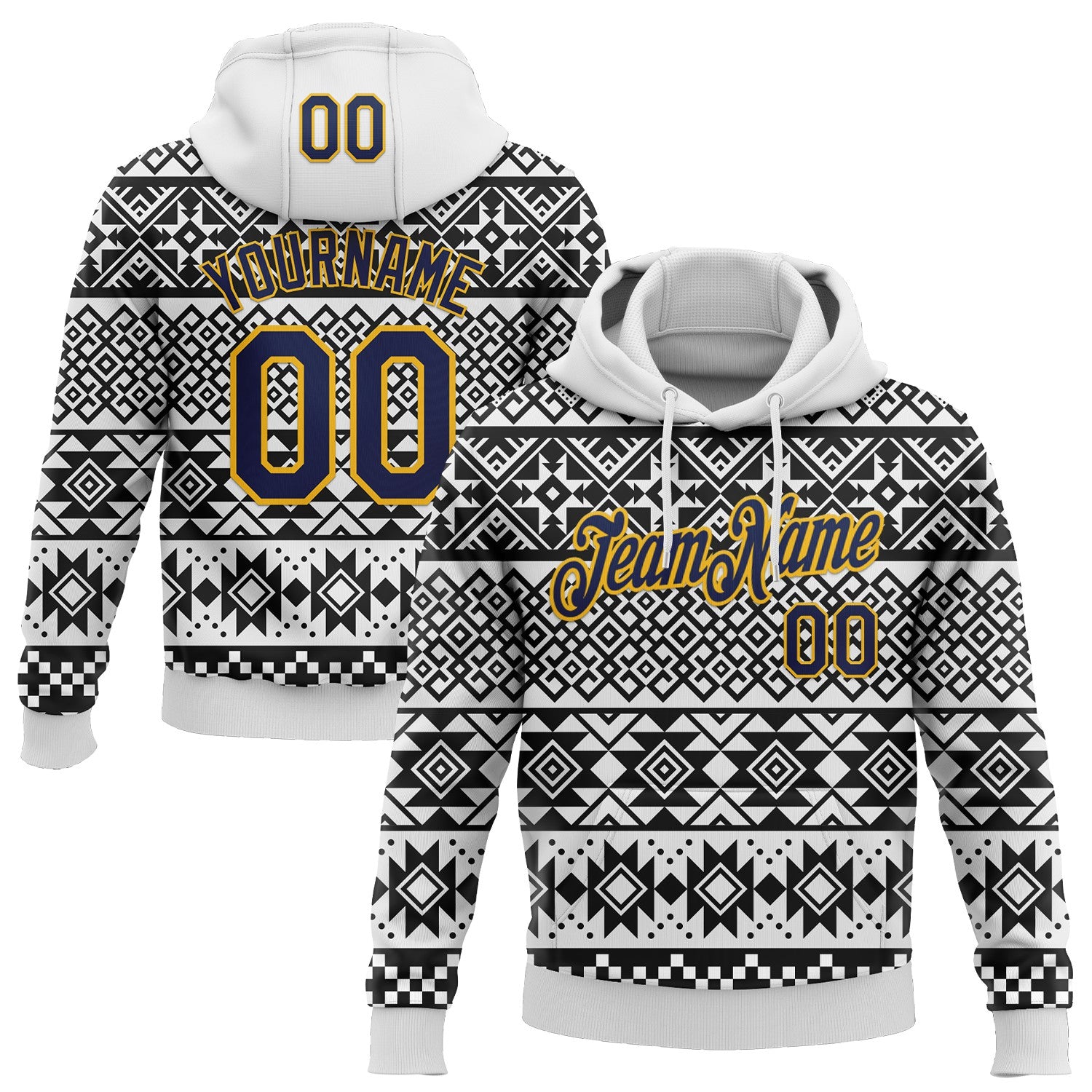 Custom Stitched White Navy-Gold 3D Pattern Design Tribal Ethnic Native American Sports Pullover Sweatshirt Hoodie