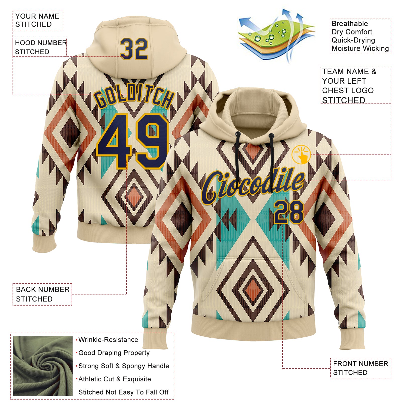 Custom Stitched City Cream Navy-Gold 3D Pattern Design Tribal Ethnic Native American Sports Pullover Sweatshirt Hoodie