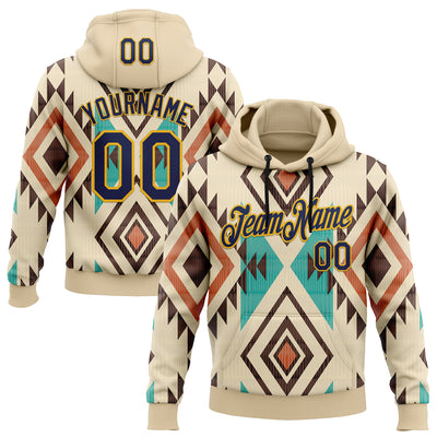 Custom Stitched City Cream Navy-Gold 3D Pattern Design Tribal Ethnic Native American Sports Pullover Sweatshirt Hoodie
