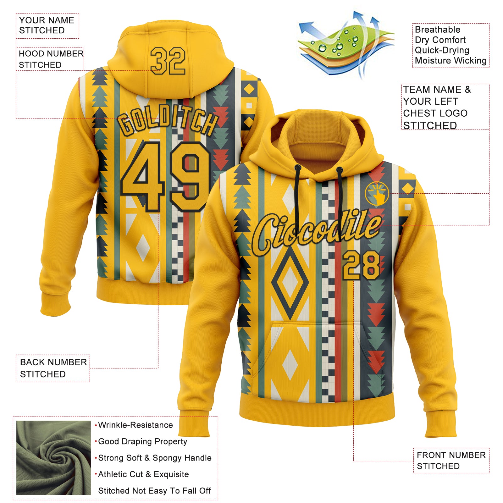 Custom Stitched Gold Black 3D Pattern Design Tribal Ethnic Native American Sports Pullover Sweatshirt Hoodie
