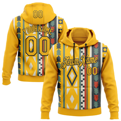 Custom Stitched Gold Black 3D Pattern Design Tribal Ethnic Native American Sports Pullover Sweatshirt Hoodie