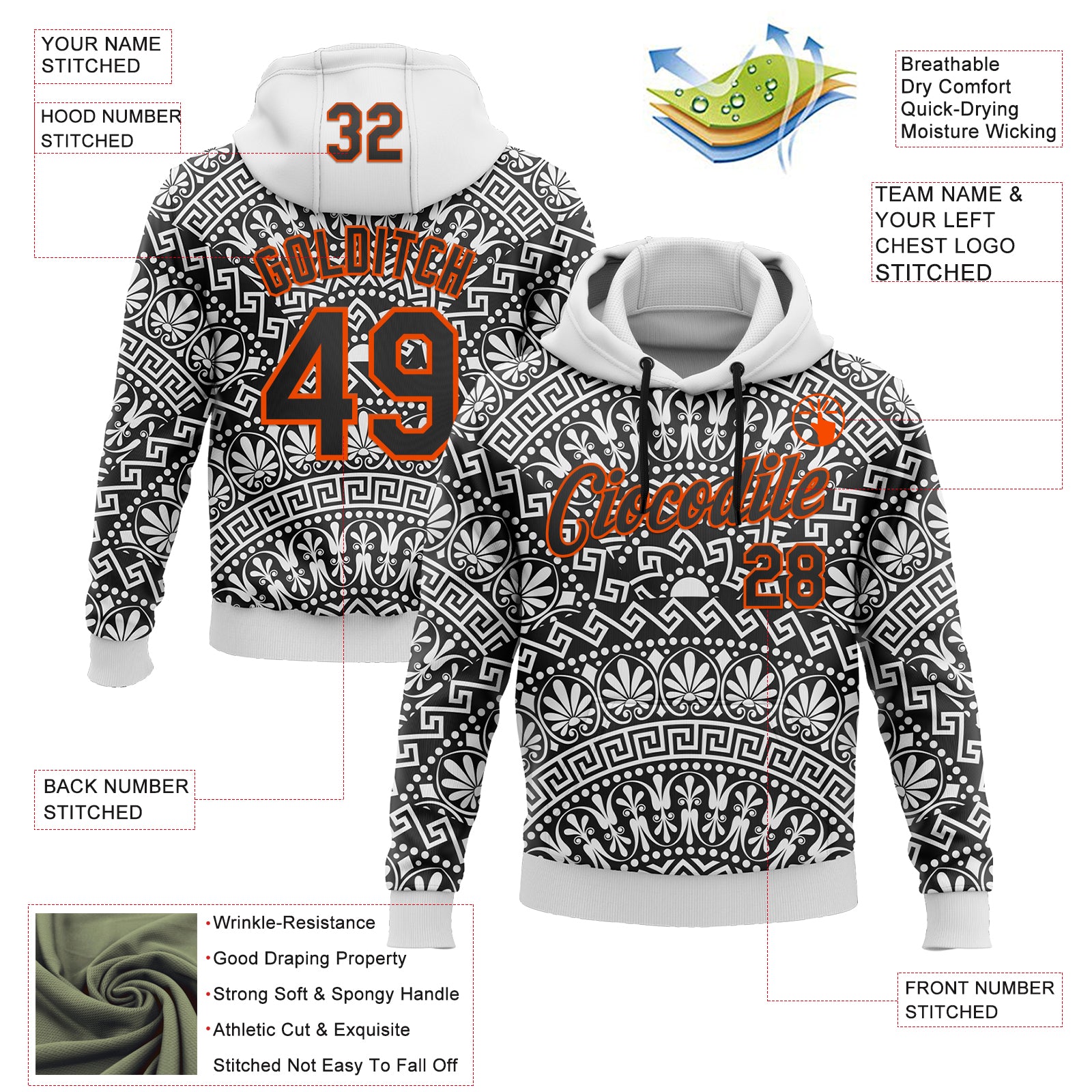 Custom Stitched White Black-Orange 3D Pattern Design Tribal Ethnic Native American Sports Pullover Sweatshirt Hoodie