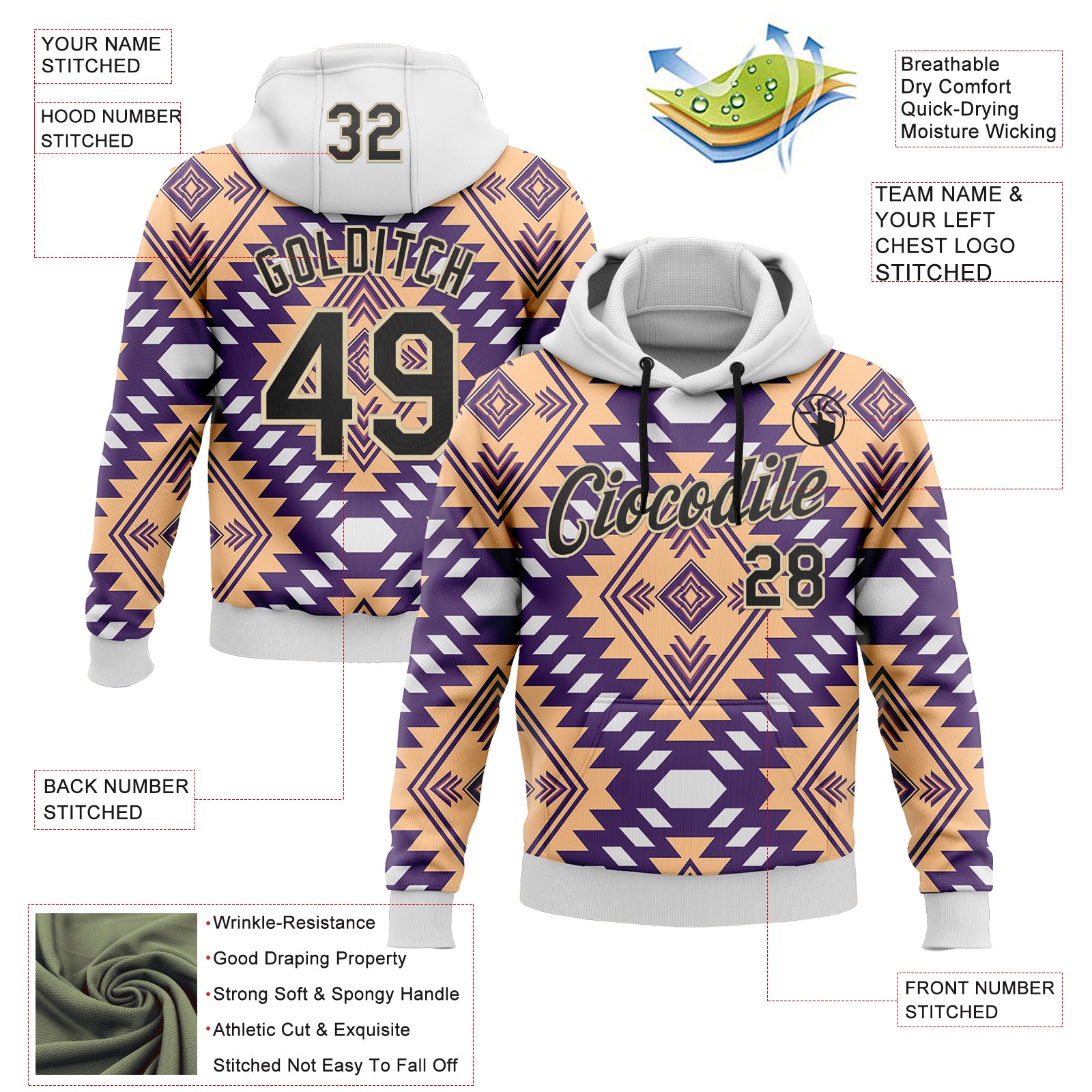 Custom Stitched White Black-City Cream 3D Pattern Design Tribal Ethnic Native American Sports Pullover Sweatshirt Hoodie