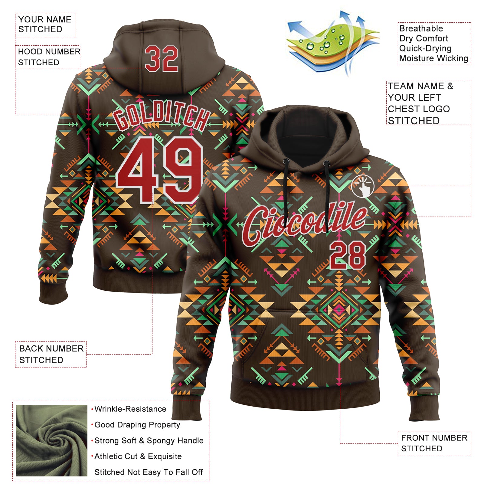 Custom Stitched Brown Red-White 3D Pattern Design Tribal Ethnic Native American Sports Pullover Sweatshirt Hoodie