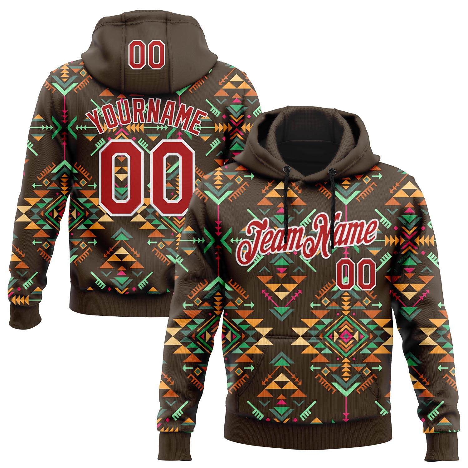 Custom Stitched Brown Red-White 3D Pattern Design Tribal Ethnic Native American Sports Pullover Sweatshirt Hoodie