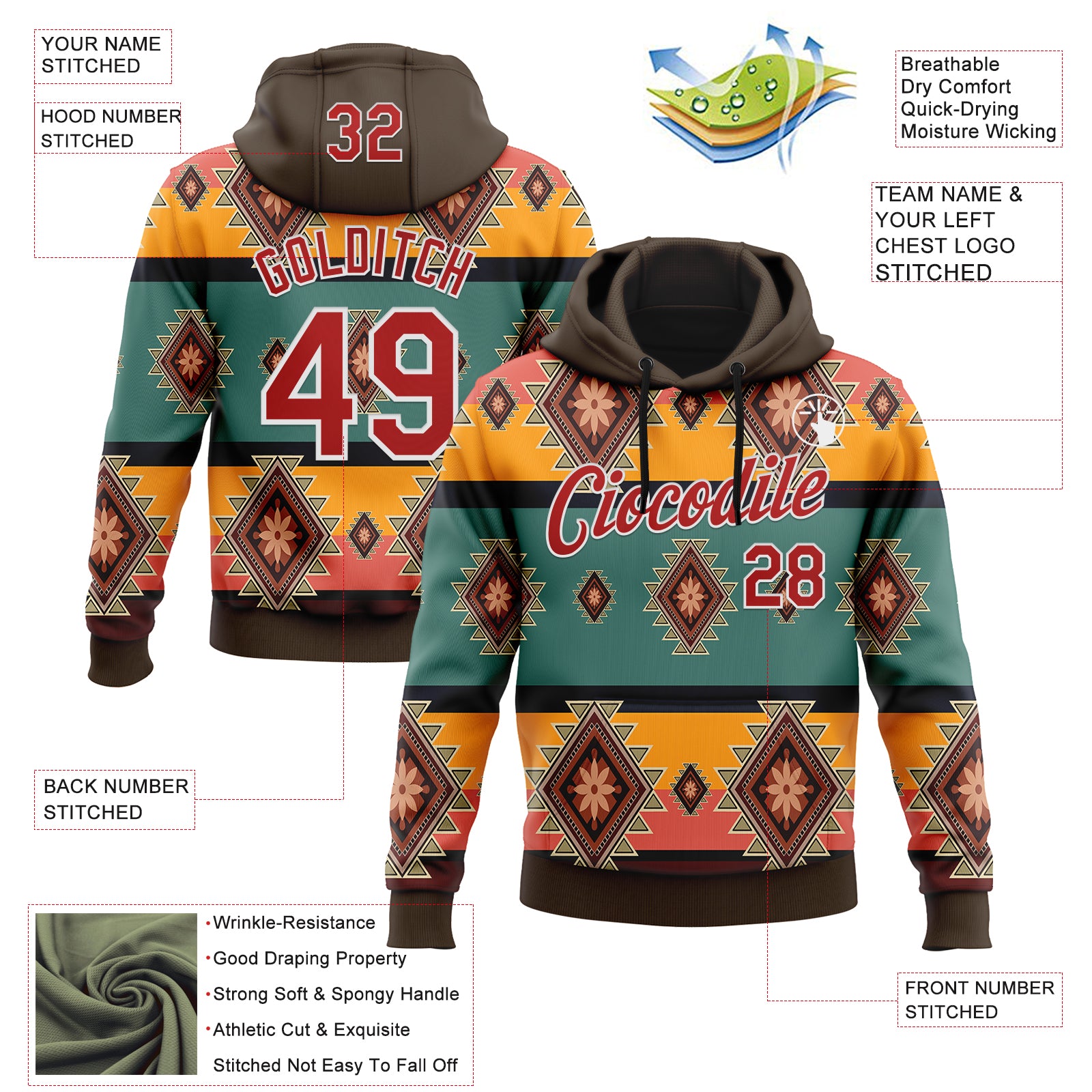 Custom Stitched Brown Red-White 3D Pattern Design Tribal Ethnic Native American Sports Pullover Sweatshirt Hoodie