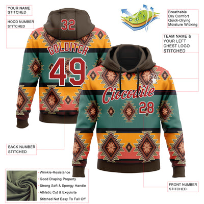 Custom Stitched Brown Red-White 3D Pattern Design Tribal Ethnic Native American Sports Pullover Sweatshirt Hoodie