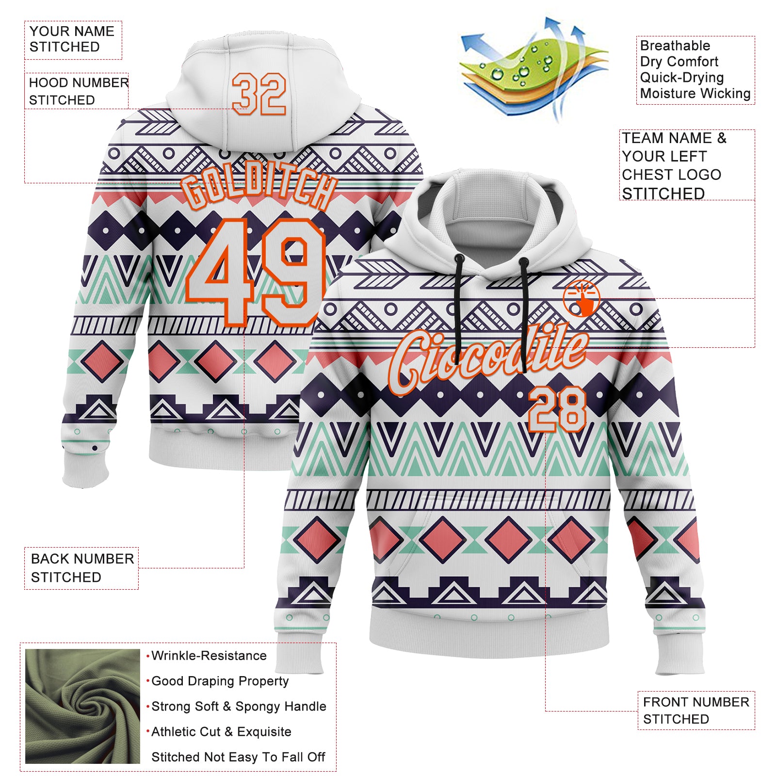 Custom Stitched White Orange 3D Pattern Design Tribal Ethnic Native American Sports Pullover Sweatshirt Hoodie