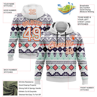Custom Stitched White Orange 3D Pattern Design Tribal Ethnic Native American Sports Pullover Sweatshirt Hoodie