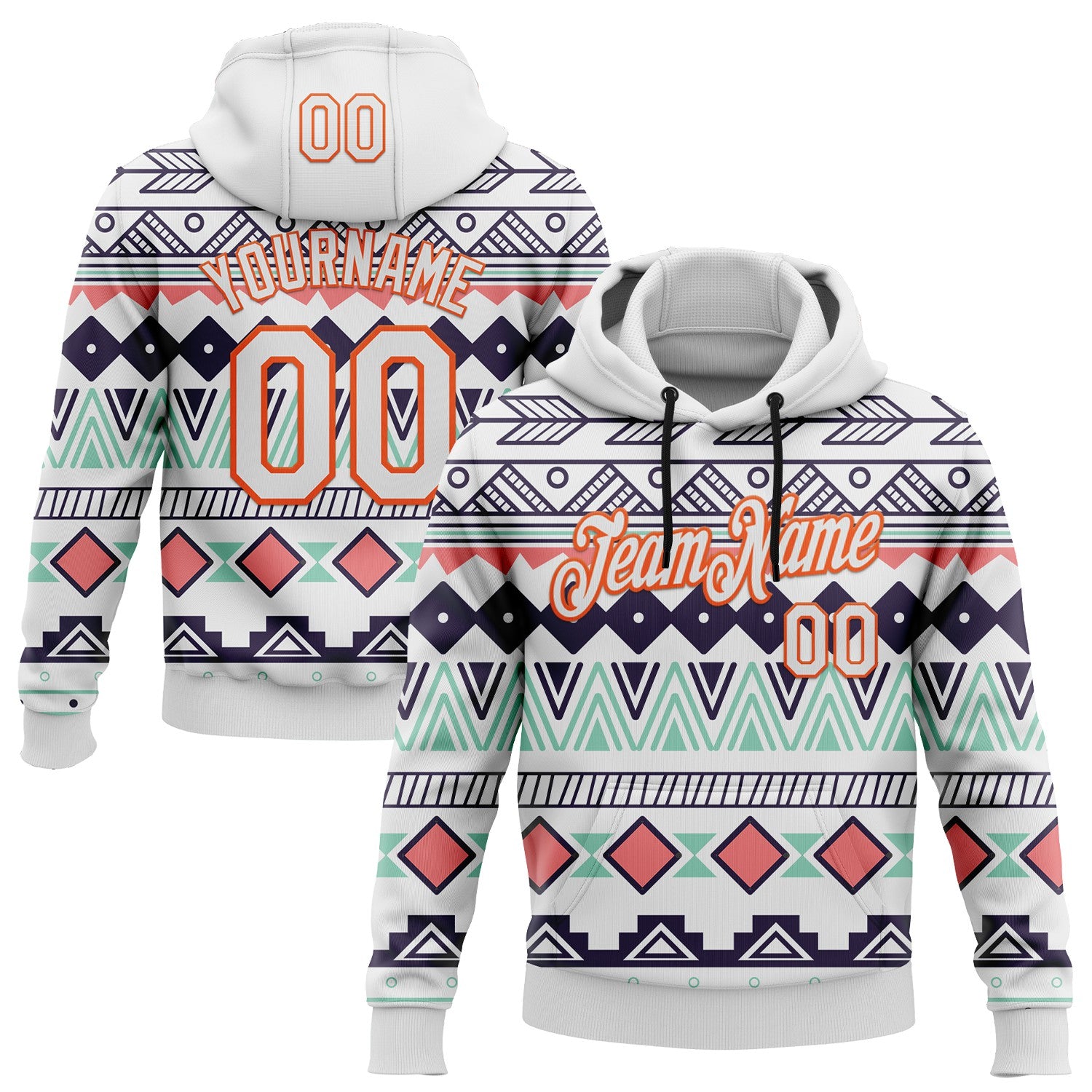 Custom Stitched White Orange 3D Pattern Design Tribal Ethnic Native American Sports Pullover Sweatshirt Hoodie