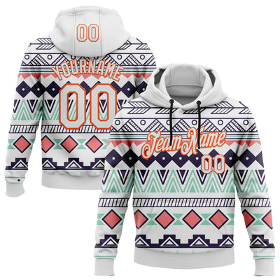 Custom Stitched White Orange 3D Pattern Design Tribal Ethnic Native American Sports Pullover Sweatshirt Hoodie