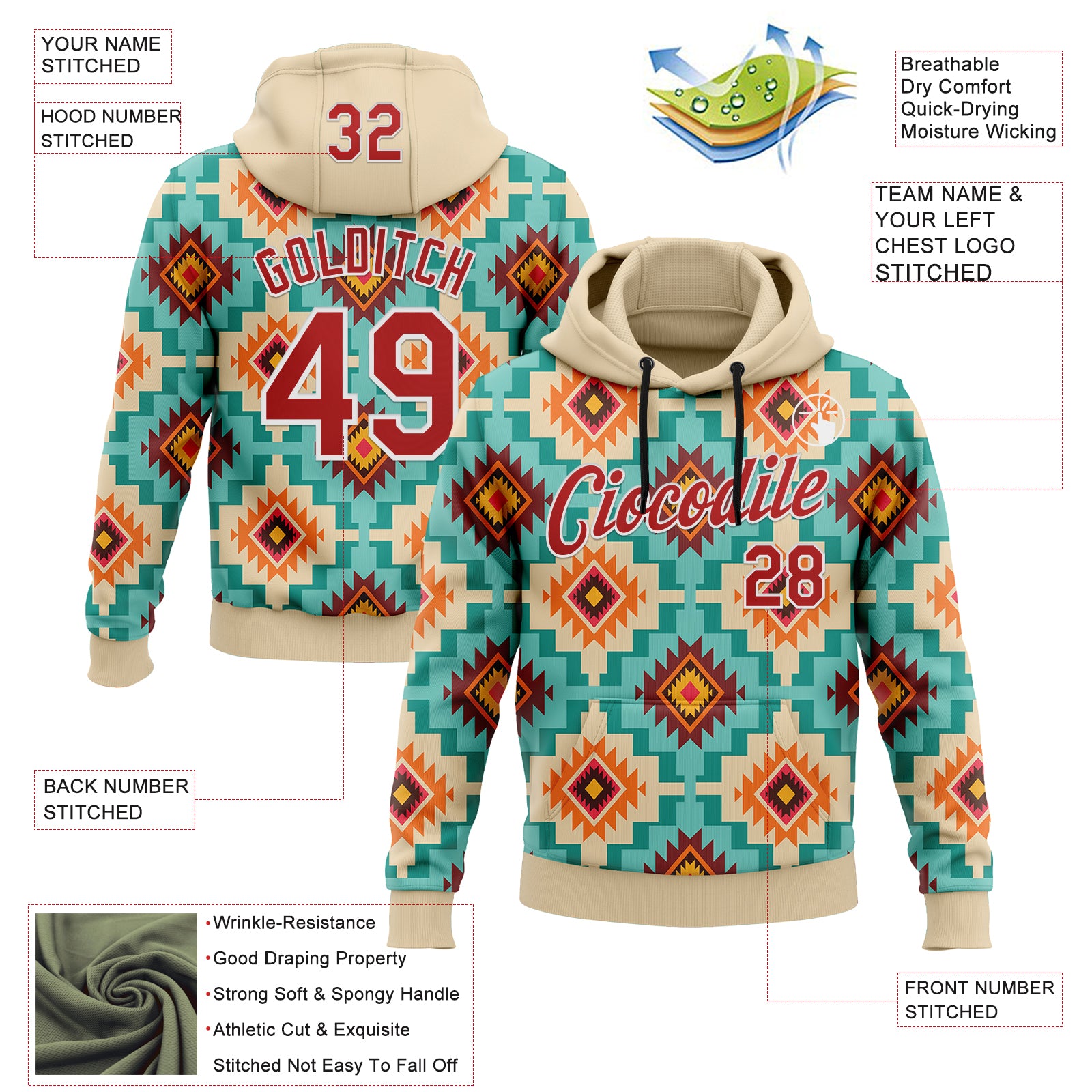 Custom Stitched City Cream Red-White 3D Pattern Design Tribal Ethnic Native American Sports Pullover Sweatshirt Hoodie