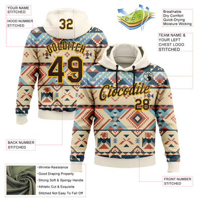 Custom Stitched Cream Brown-Yellow 3D Pattern Design Tribal Ethnic Native American Sports Pullover Sweatshirt Hoodie