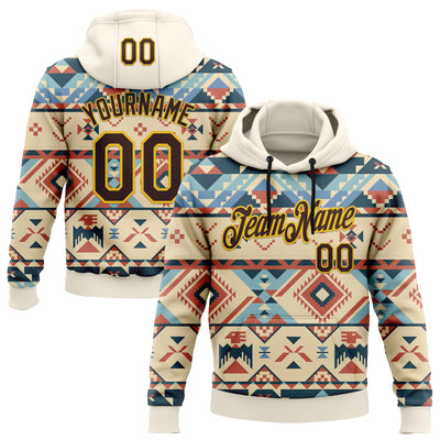 Custom Stitched Cream Brown-Yellow 3D Pattern Design Tribal Ethnic Native American Sports Pullover Sweatshirt Hoodie