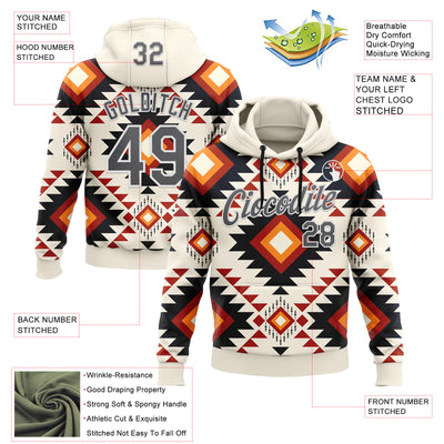 Custom Stitched Cream Steel Gray-White 3D Pattern Design Tribal Ethnic Native American Sports Pullover Sweatshirt Hoodie