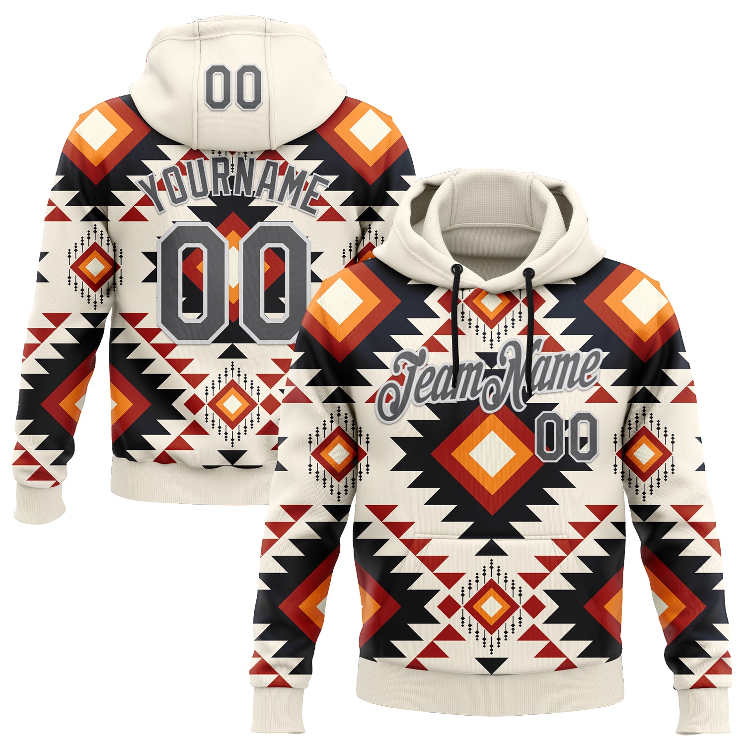 Custom Stitched Cream Steel Gray-White 3D Pattern Design Tribal Ethnic Native American Sports Pullover Sweatshirt Hoodie
