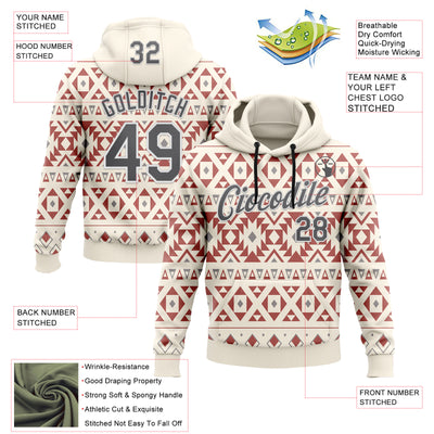 Custom Stitched Cream Steel Gray-White 3D Pattern Design Tribal Ethnic Native American Sports Pullover Sweatshirt Hoodie