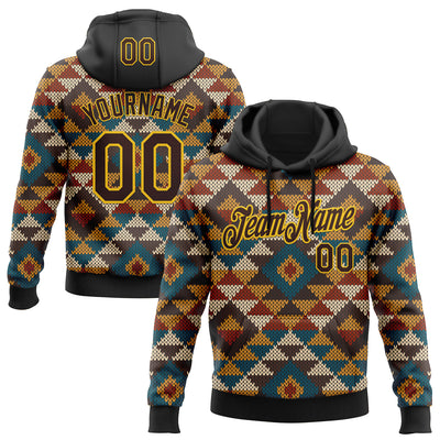 Custom Stitched Black Brown-Yellow 3D Pattern Design Tribal Ethnic Native American Sports Pullover Sweatshirt Hoodie