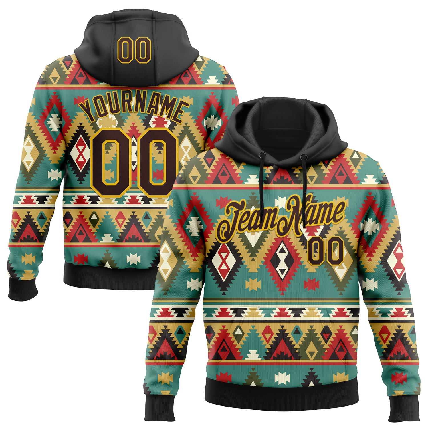 Custom Stitched Black Brown-Yellow 3D Pattern Design Tribal Ethnic Native American Sports Pullover Sweatshirt Hoodie