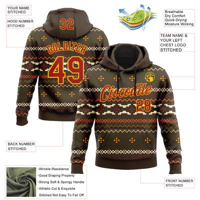 Custom Stitched Brown Red-Yellow 3D Pattern Design Tribal Ethnic Native American Sports Pullover Sweatshirt Hoodie
