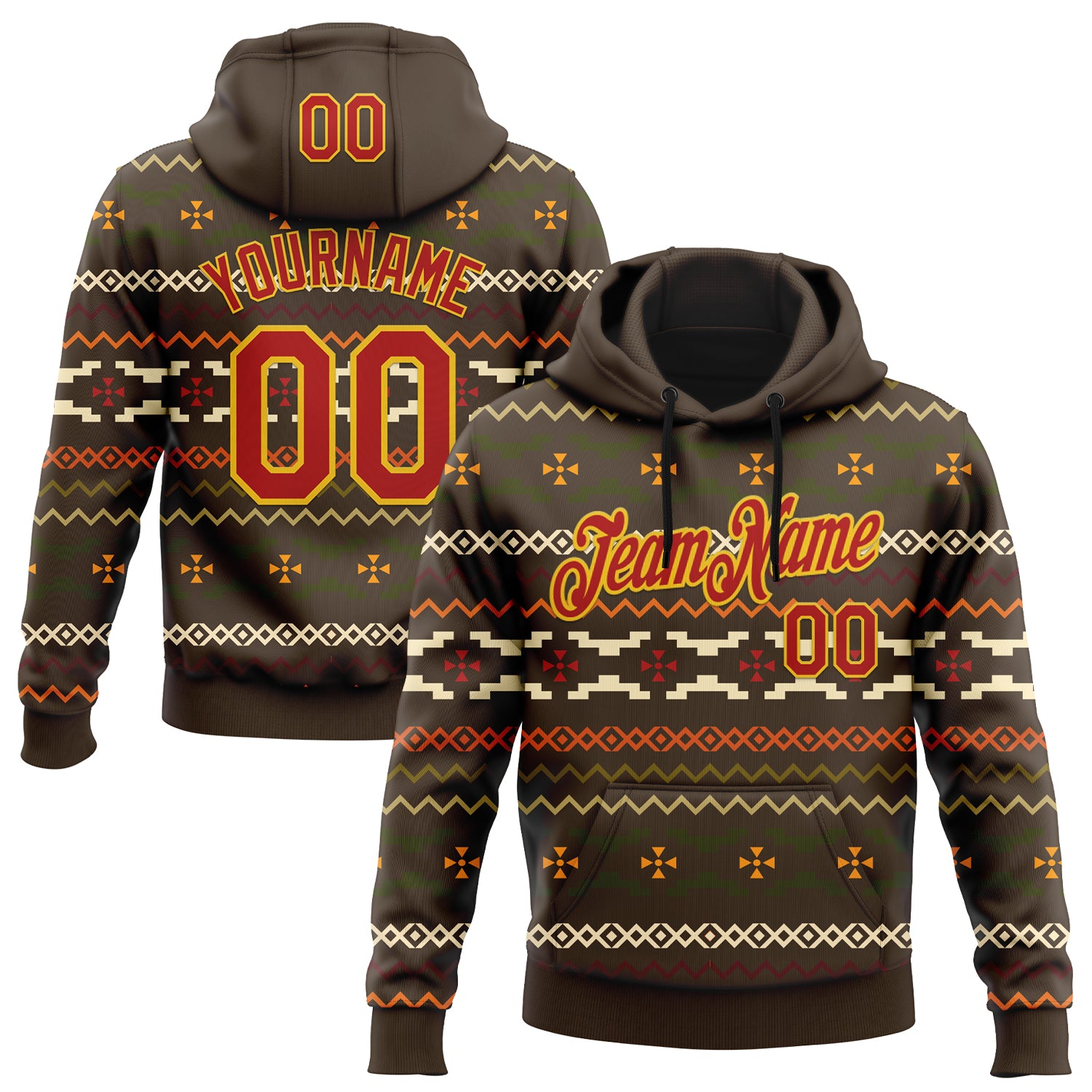 Custom Stitched Brown Red-Yellow 3D Pattern Design Tribal Ethnic Native American Sports Pullover Sweatshirt Hoodie