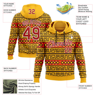 Custom Stitched Gold Red-White 3D Pattern Design Tribal Ethnic Native American Sports Pullover Sweatshirt Hoodie