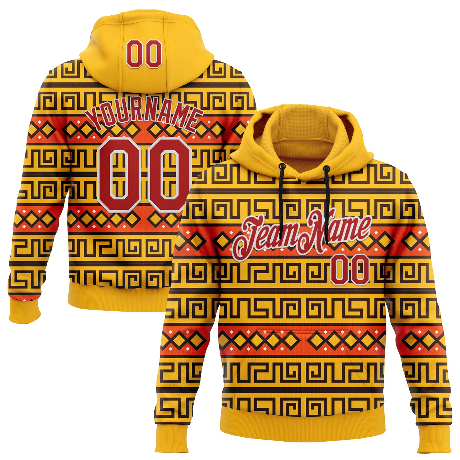 Custom Stitched Gold Red-White 3D Pattern Design Tribal Ethnic Native American Sports Pullover Sweatshirt Hoodie