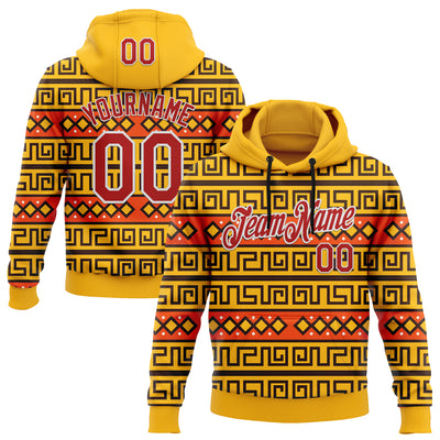 Custom Stitched Gold Red-White 3D Pattern Design Tribal Ethnic Native American Sports Pullover Sweatshirt Hoodie
