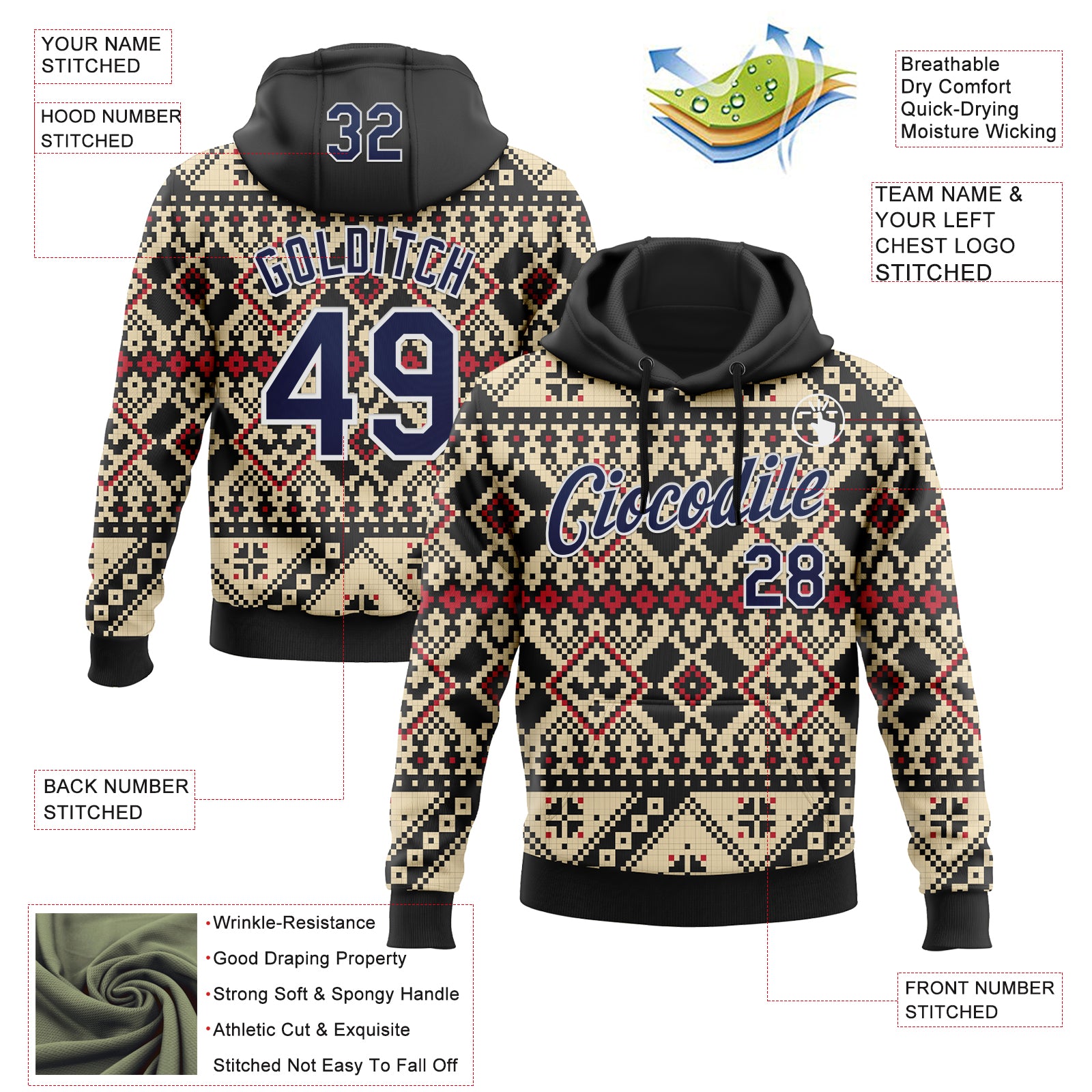 Custom Stitched Cream Navy Black-White 3D Pattern Design Tribal Ethnic Native American Sports Pullover Sweatshirt Hoodie