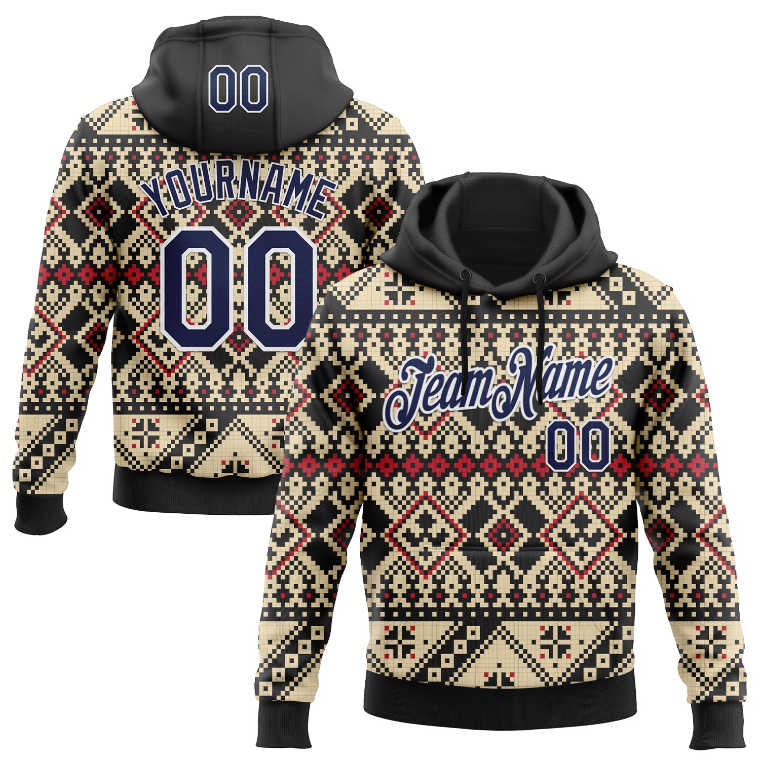 Custom Stitched Cream Navy Black-White 3D Pattern Design Tribal Ethnic Native American Sports Pullover Sweatshirt Hoodie