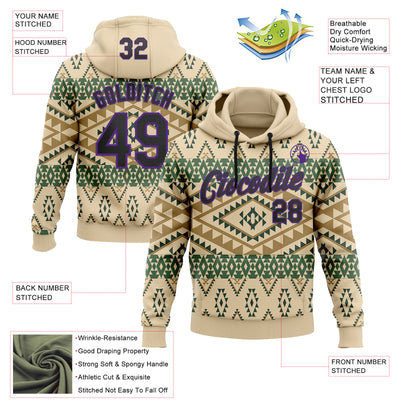 Custom Stitched City Cream Black-Purple 3D Pattern Design Tribal Ethnic Native American Sports Pullover Sweatshirt Hoodie