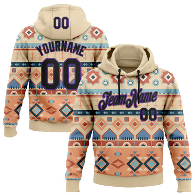 Custom Stitched City Cream Black-Purple 3D Pattern Design Tribal Ethnic Native American Sports Pullover Sweatshirt Hoodie