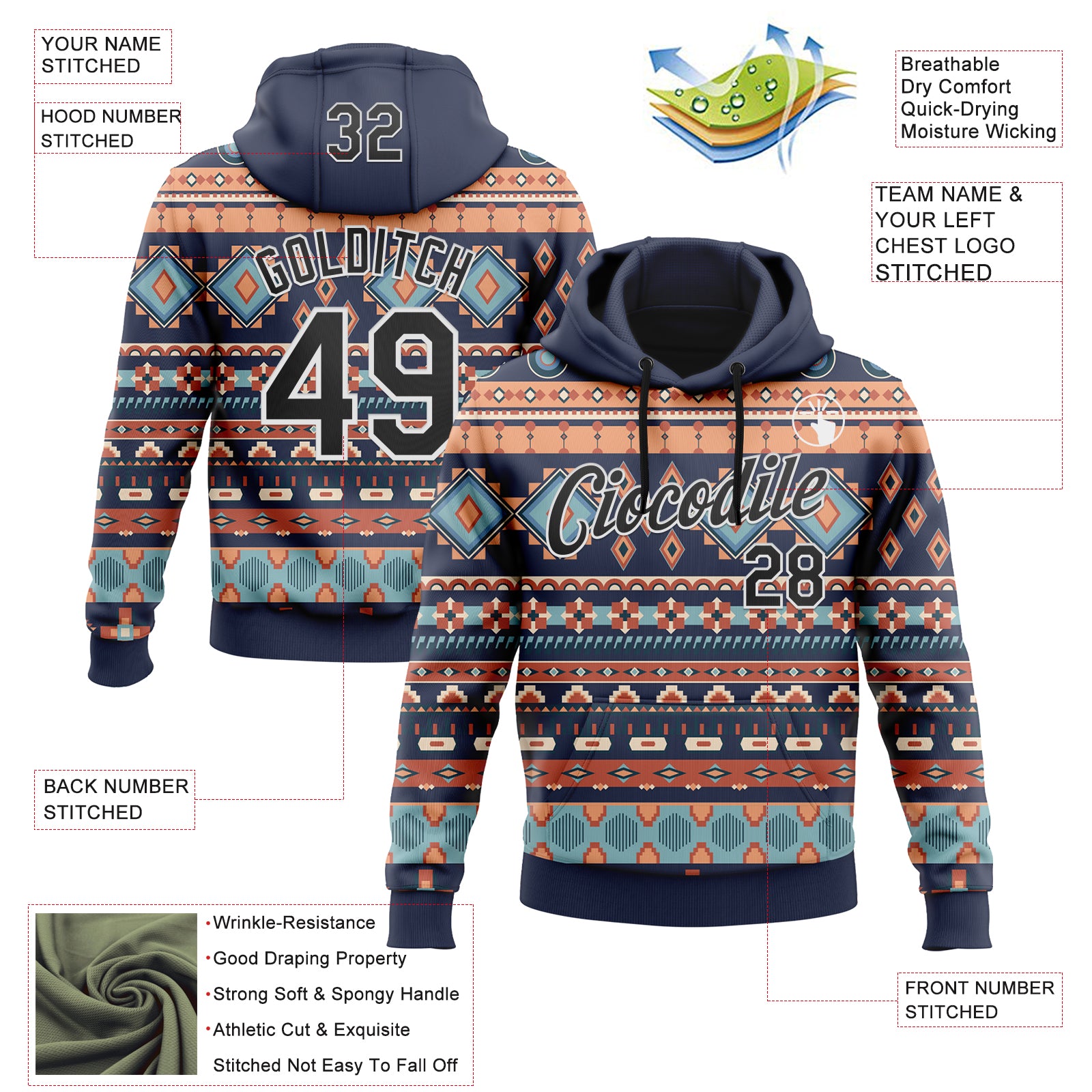 Custom Stitched Navy Black-White 3D Pattern Design Tribal Ethnic Native American Sports Pullover Sweatshirt Hoodie
