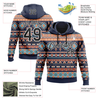 Custom Stitched Navy Black-White 3D Pattern Design Tribal Ethnic Native American Sports Pullover Sweatshirt Hoodie