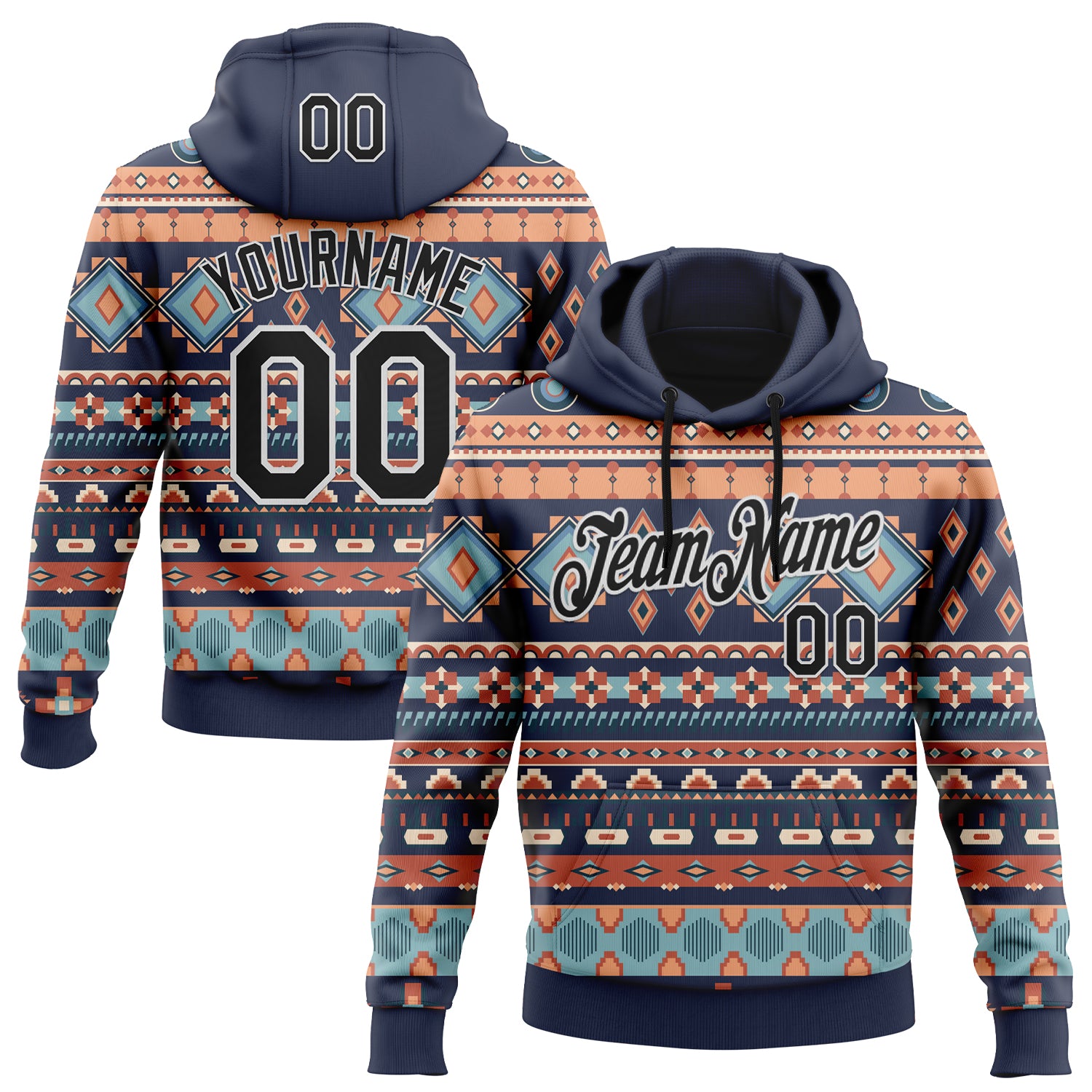 Custom Stitched Navy Black-White 3D Pattern Design Tribal Ethnic Native American Sports Pullover Sweatshirt Hoodie