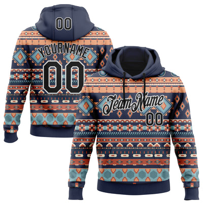 Custom Stitched Navy Black-White 3D Pattern Design Tribal Ethnic Native American Sports Pullover Sweatshirt Hoodie