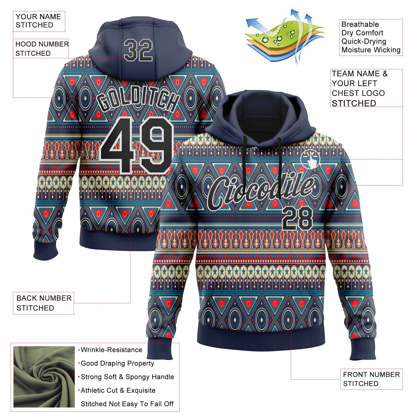 Custom Stitched Navy Black-White 3D Pattern Design Tribal Ethnic Native American Sports Pullover Sweatshirt Hoodie
