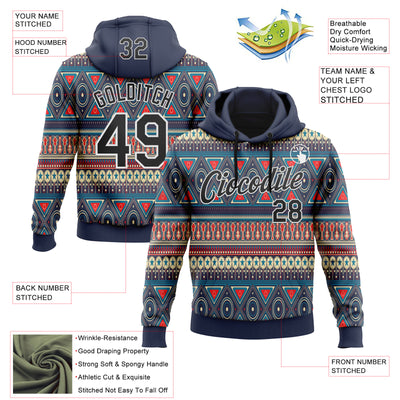 Custom Stitched Navy Black-White 3D Pattern Design Tribal Ethnic Native American Sports Pullover Sweatshirt Hoodie