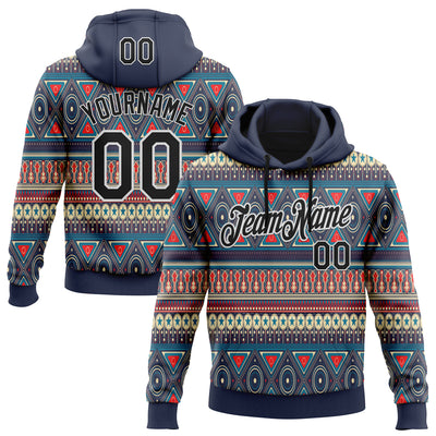 Custom Stitched Navy Black-White 3D Pattern Design Tribal Ethnic Native American Sports Pullover Sweatshirt Hoodie