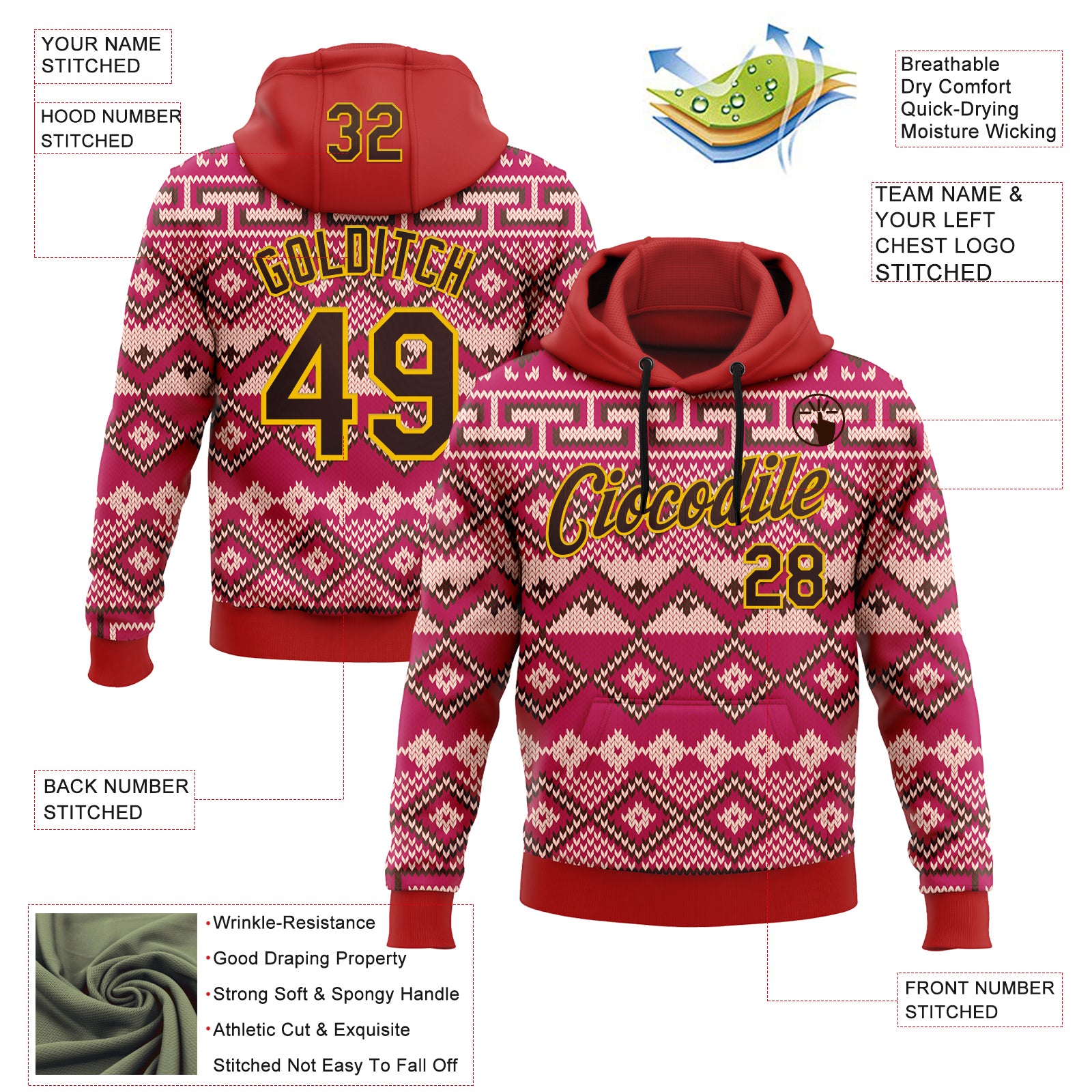Custom Stitched Red Brown-Yellow 3D Pattern Design Tribal Ethnic Native American Sports Pullover Sweatshirt Hoodie