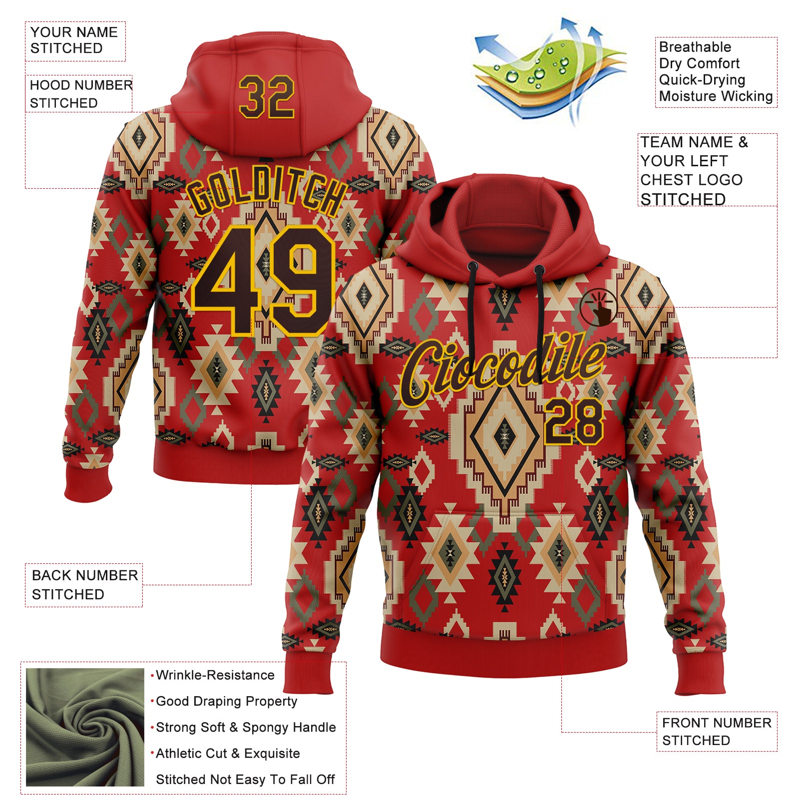 Custom Stitched Red Brown-Yellow 3D Pattern Design Tribal Ethnic Native American Sports Pullover Sweatshirt Hoodie