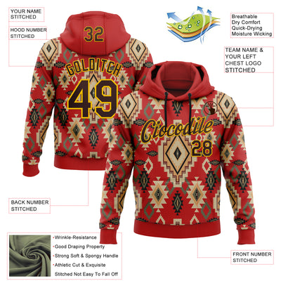 Custom Stitched Red Brown-Yellow 3D Pattern Design Tribal Ethnic Native American Sports Pullover Sweatshirt Hoodie