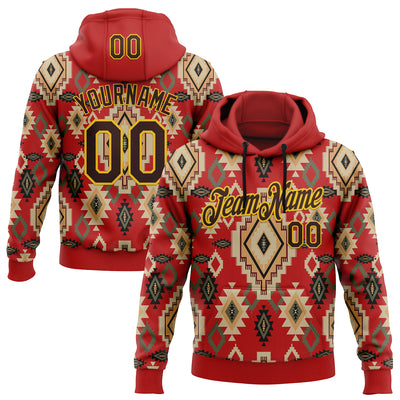 Custom Stitched Red Brown-Yellow 3D Pattern Design Tribal Ethnic Native American Sports Pullover Sweatshirt Hoodie