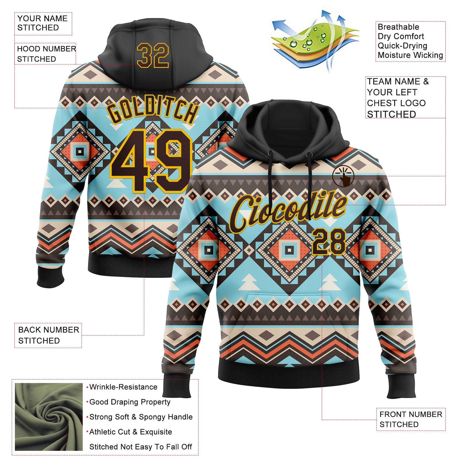 Custom Stitched Black Brown-Yellow 3D Pattern Design Tribal Ethnic Native American Sports Pullover Sweatshirt Hoodie
