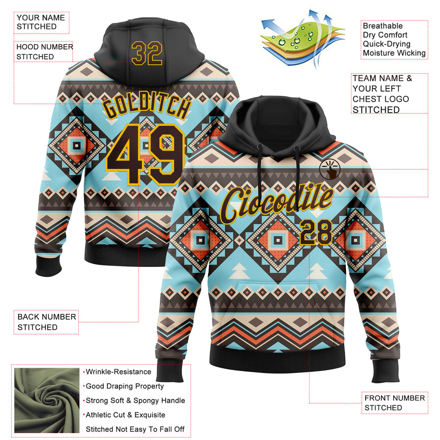 Custom Stitched Black Brown-Yellow 3D Pattern Design Tribal Ethnic Native American Sports Pullover Sweatshirt Hoodie