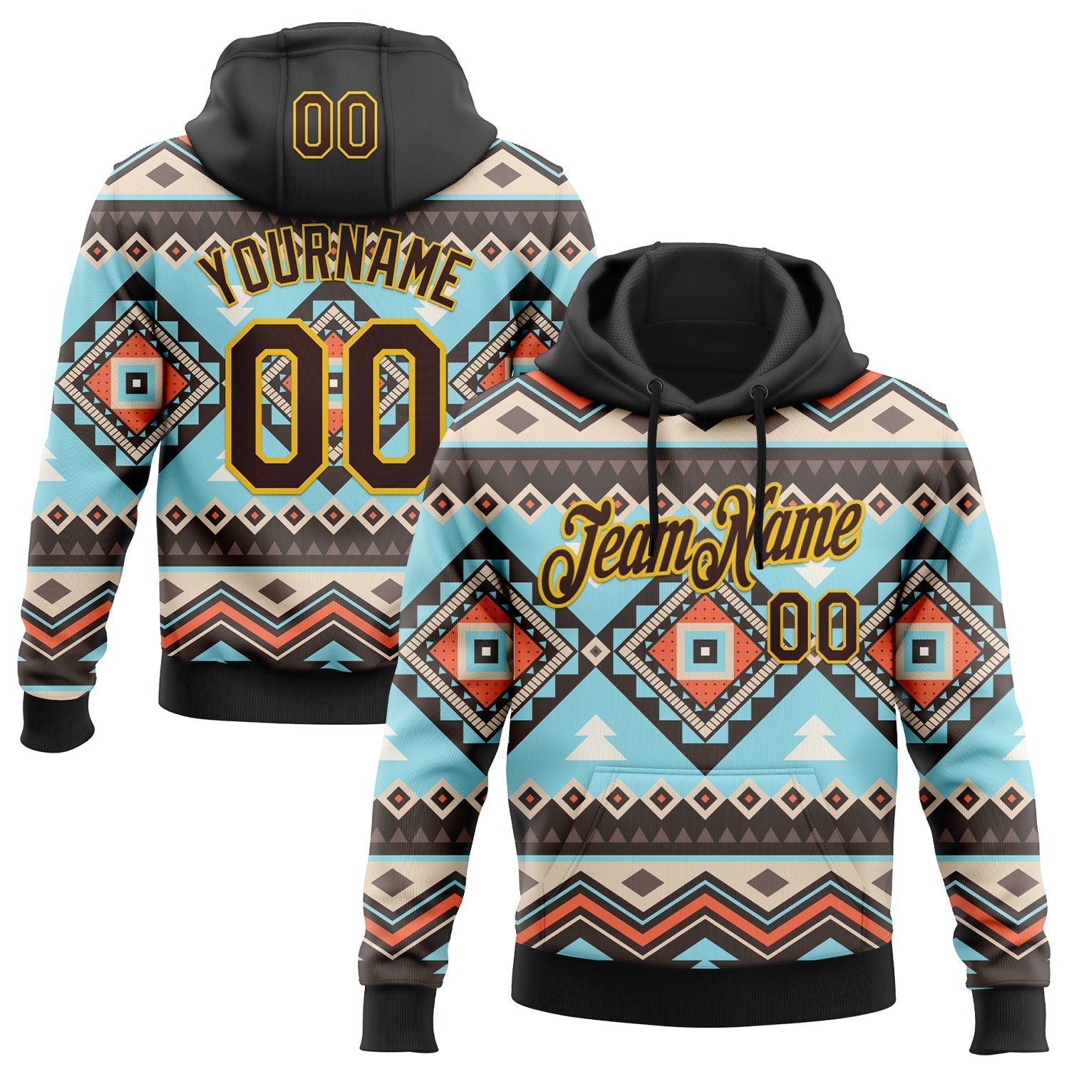 Custom Stitched Black Brown-Yellow 3D Pattern Design Tribal Ethnic Native American Sports Pullover Sweatshirt Hoodie