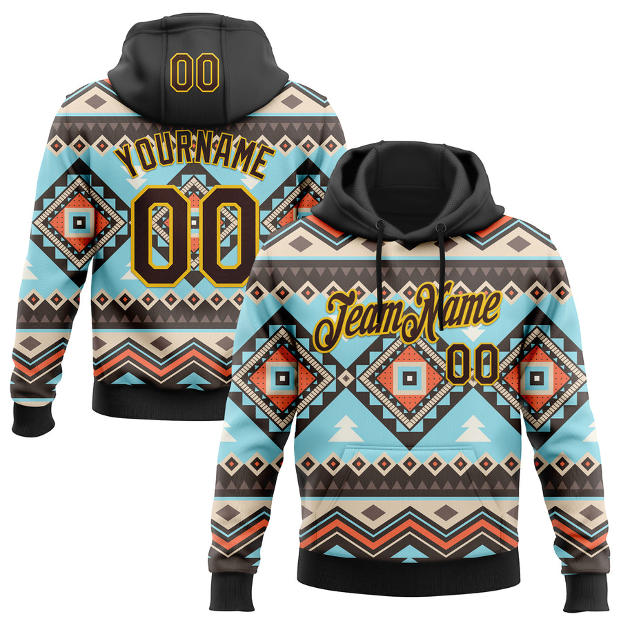 Custom Stitched Black Brown-Yellow 3D Pattern Design Tribal Ethnic Native American Sports Pullover Sweatshirt Hoodie