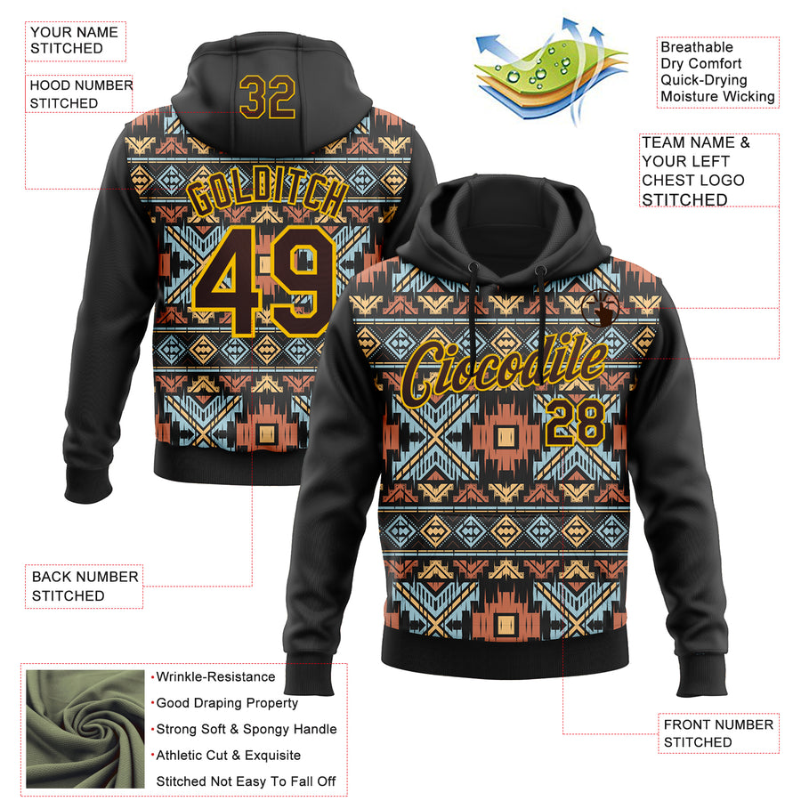 Custom Stitched Black Brown-Yellow 3D Pattern Design Tribal Ethnic Native American Sports Pullover Sweatshirt Hoodie